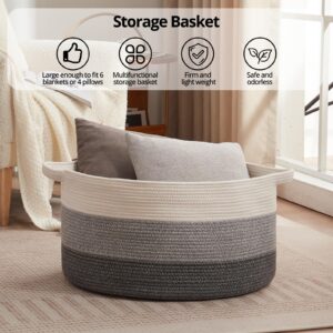 OIAHOMY Extra Large Storage Basket, 23" x 13" Woven Blanket Basket for Living Room, Round Woven Basket for Clothes, Laundry Basket for Pillow-Gradient Grey