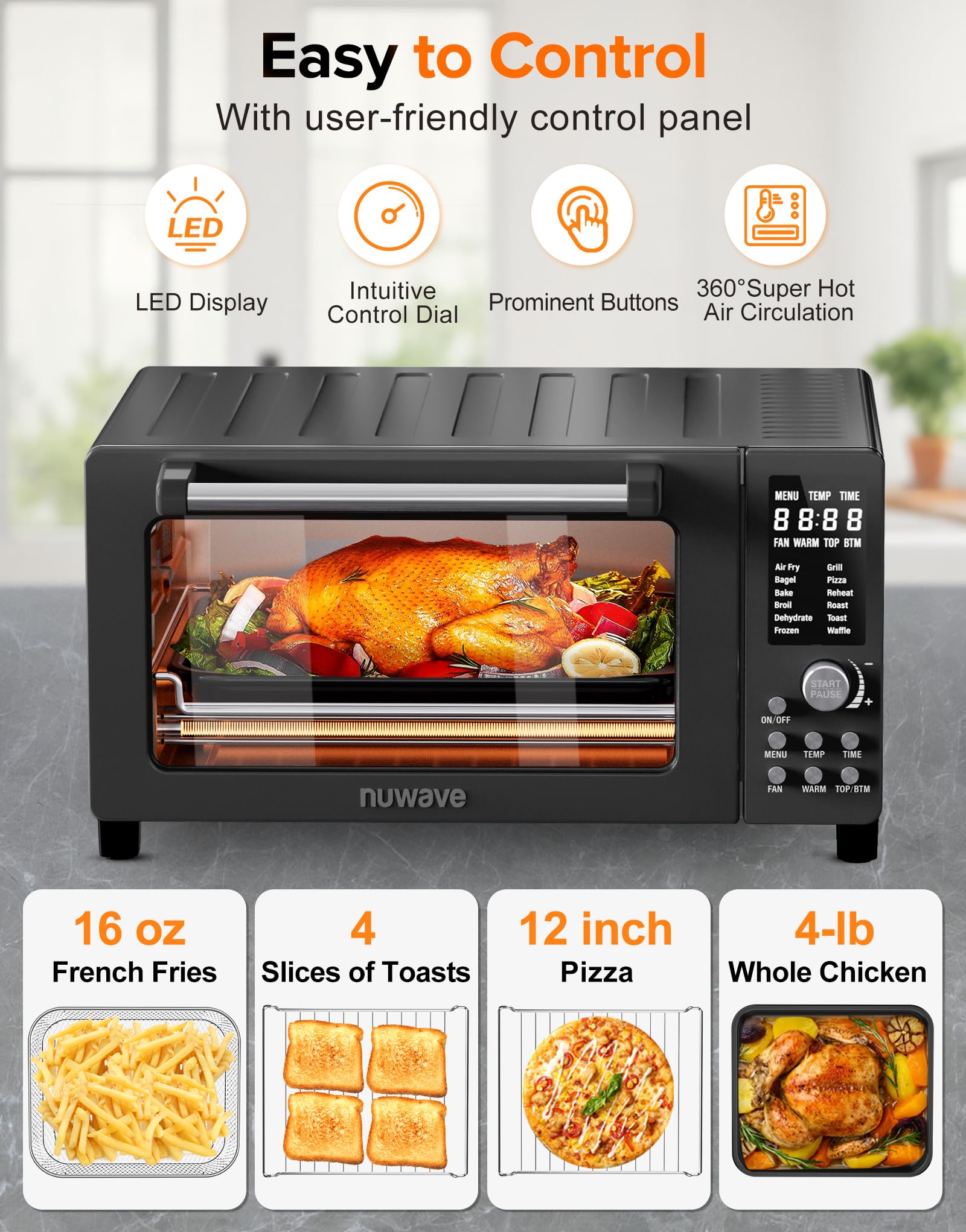 Nuwave Bravo Pro Smart Air Fryer Toaster Oven Combo, Airfryer Convection Oven Countertop, 12-in-1 Functions with Quicker & Even Crisp Technology, 1800W, 50-450°F, PFAS-Free, 21QT, Black