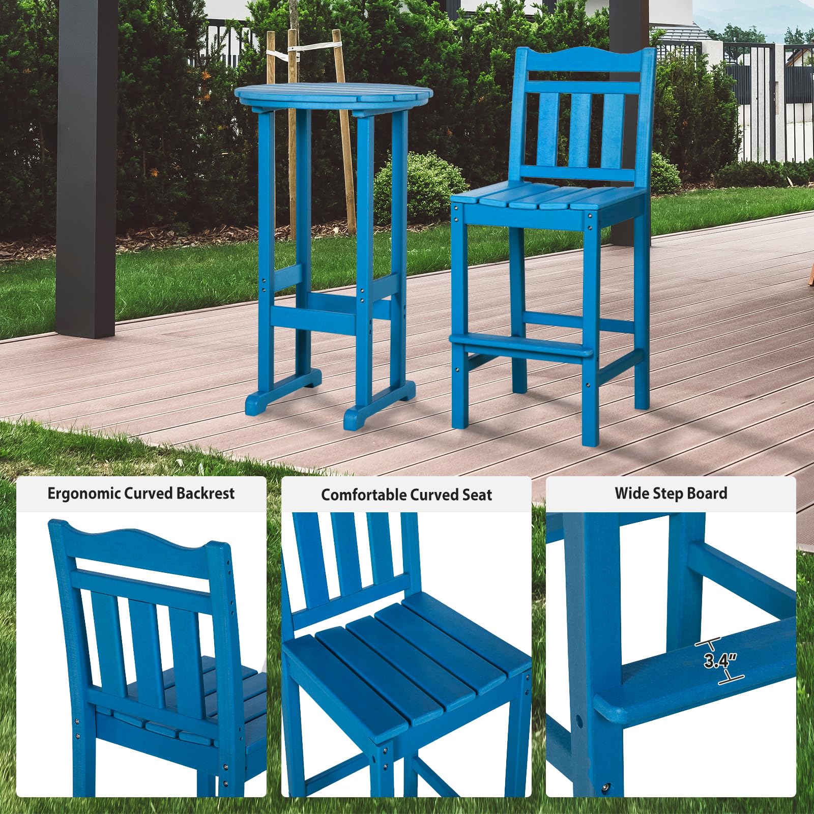 nalone Outdoor Bar Stools Set of 2, HDPE Tall Adirondack Chairs Bar Chairs, Weather Resistance Bar Height Chair for Balcony, Garden, Yard, Backyard (Navy Blue, Bar Chairs Set of 2)