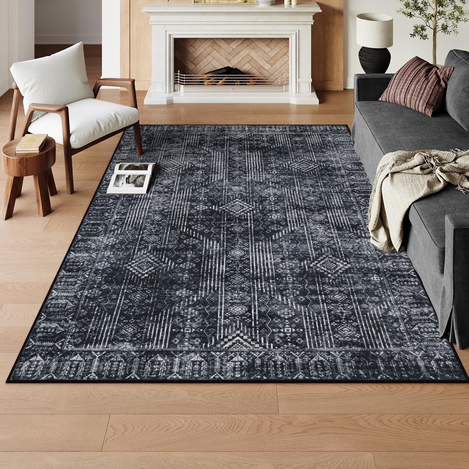 Lahome Black Abstract Rugs for Living Room 5x7, Machine Washable Morden Black Carpet Rug for Bedroom, Neutral Solid Soft Home Office Rugs for Dining Room Apartment