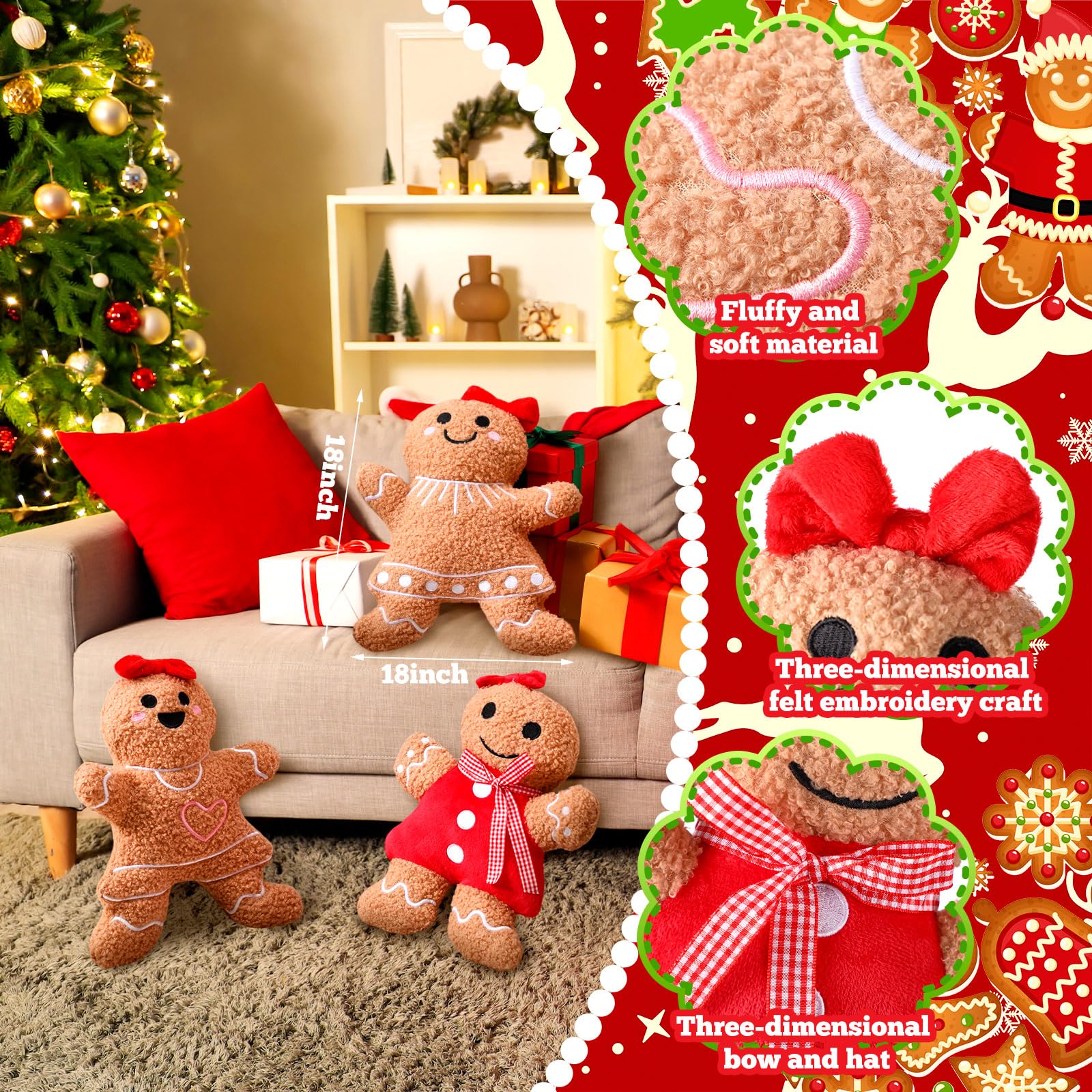 Konohan 3 Pcs Christmas Gingerbread Pillows Gingerbread House Gingerbread Man Throw Pillows Stuffed Gingerbread Shaped Pillow for Christmas Party Outdoor Cushion Decorations(Cute Style)