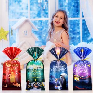 HOWAF 100PCS Holy Nativity Cellophane Gift Bag, Religious Christmas Plastic Goodie Bags for Christian Xmas Holiday Party Supplies, O Holy Night Treat Bags Nativity Scene Candy Bags with Ties