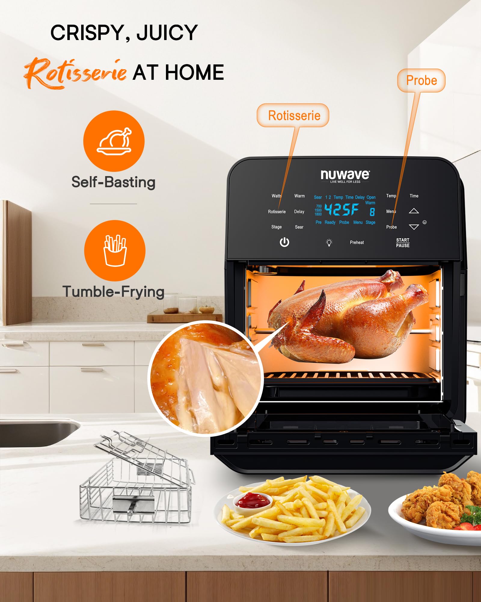 Nuwave Brio 15.5Qt Air Fryer Toaster Oven & Rotisserie Kit, 2024 New Advanced Turbo Convection Tech, Healthy PFAS Free, Max Even & Crisp, Powerful 1800W, 50-425°F, 150 Presets, Smart Probe, 4 Rack