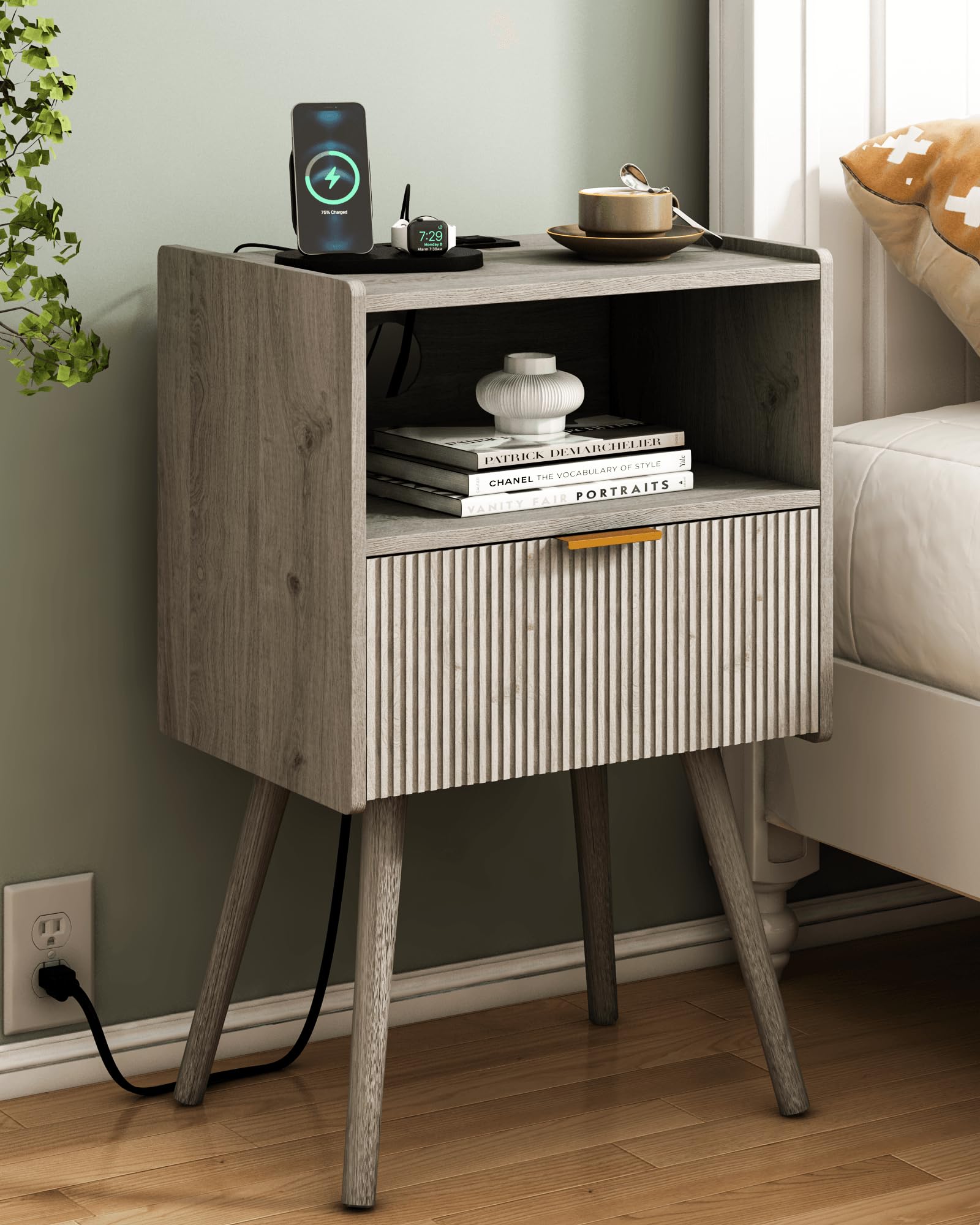 JOONEE Nightstand with Outlet,Modern Bedside Table with Storage Drawer and Open Wood Shelf, for Living Room, Bedroom and Small Spaces, Accent Night Stand with Solid Wood Legs, Easy Assembly,Grey Oak