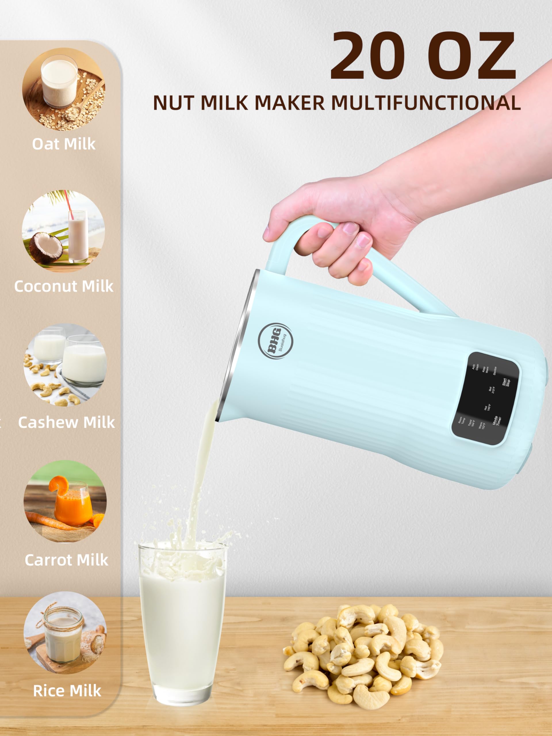 20oz Nut Milk Maker Machine - Multi-Functional Automatic Almond Milk Machine with 10 Blades, Plant-Based Milk, Oat, Soy, Oat, Dairy Free Beverages with 12 Hours Timer/Auto-clean/Boil（blue）