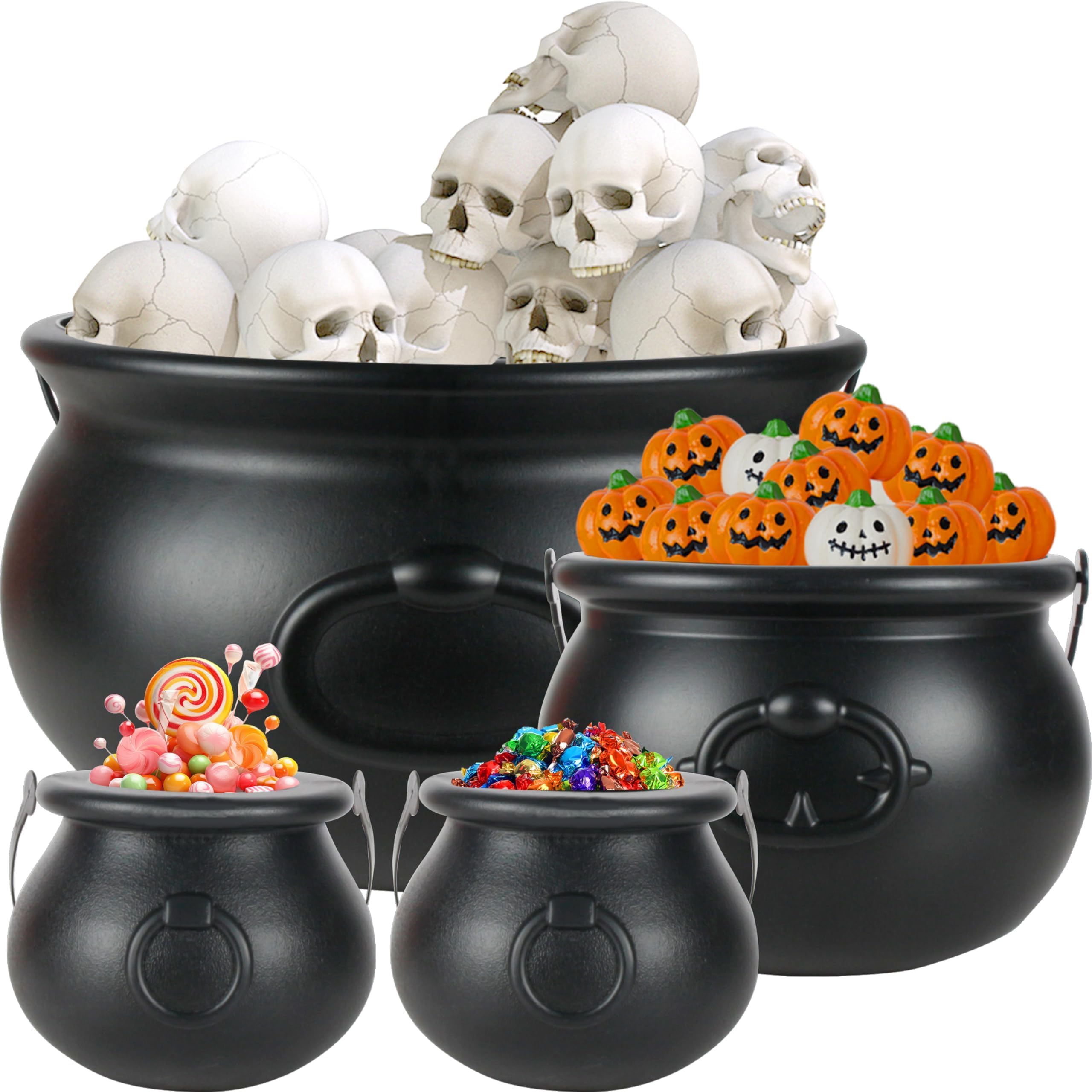 Halloween Large Cauldron Kettles, 4 in 1 [12.6"+7.7" +5.7"+ 5.7 "] Witch Cauldrons, Plastic Black Witch Pot, Treats & Punch Bowl , Candy Holder, Halloween Party Favor for Indoor Outdoor Decoration