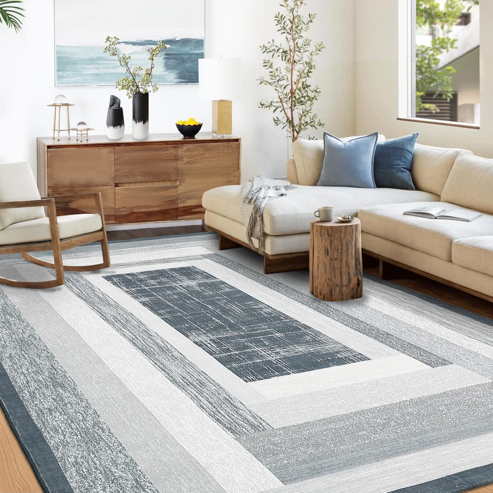 Area Rug 8x10 Washable Rug for Living Room Non Slip Mid-Century Modern Rugs Ultra Soft Bedroom Rugs Low Pile No-Shedding Contemporary Indoor Carpet for Kitchen Dinning Room Home Office, Grey