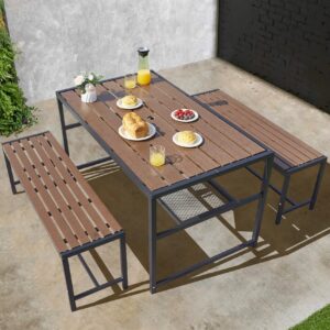 outdoor picnic table and bench set with 2" umbrella hole and storage shelf, patio dining set for 6 people, outdoor dining table and chair for garden yard porch- brown