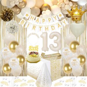 13th birthday decorations for girls, white and gold balloons happy 13th birthday decorations girl, happy birthday banner, tiara crown, sash, tablecloth fringe curtain for official teenager decorations