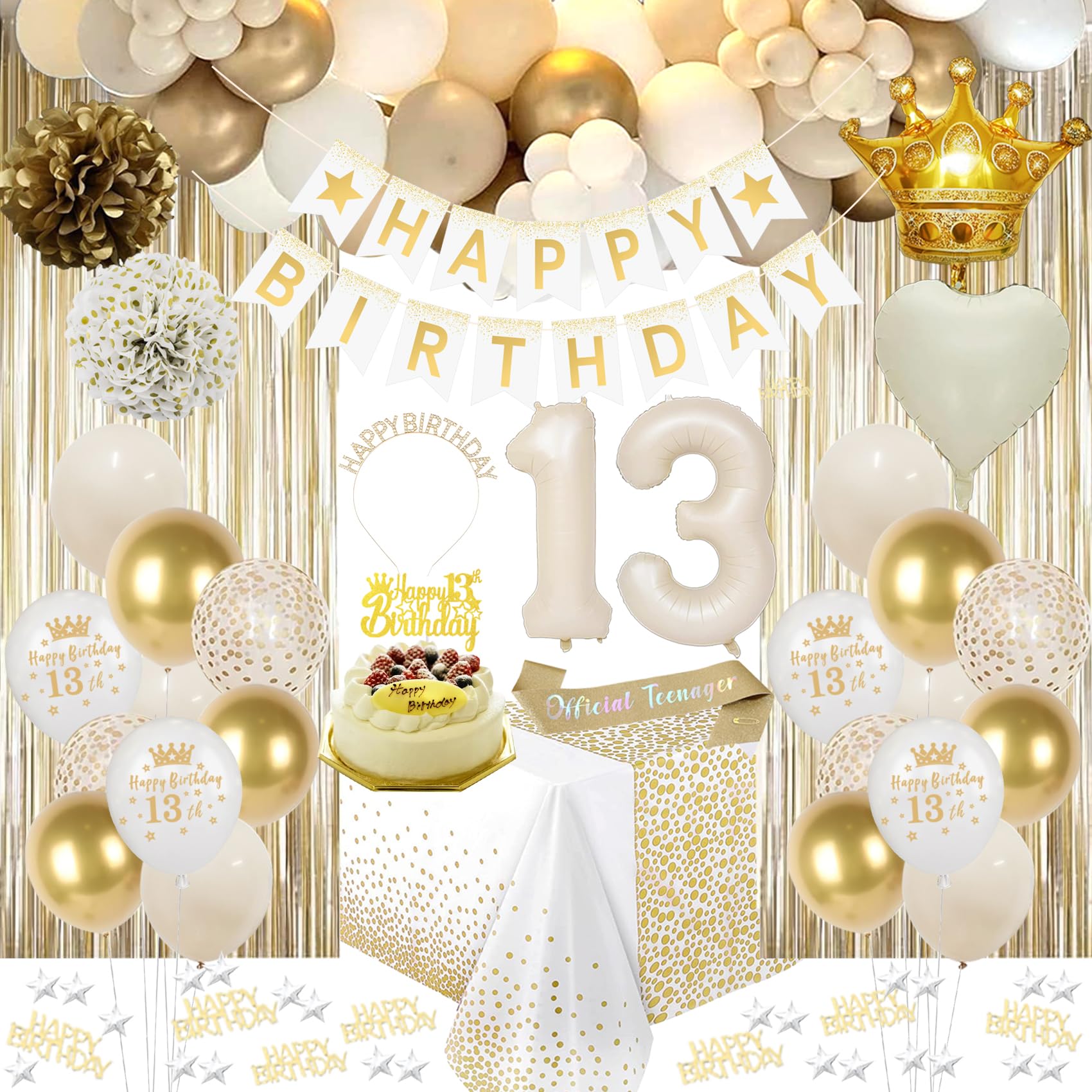 13th Birthday Decorations for Girls, White and Gold Balloons Happy 13th Birthday Decorations Girl, Happy Birthday Banner, Tiara Crown, Sash, Tablecloth Fringe Curtain for Official Teenager Decorations