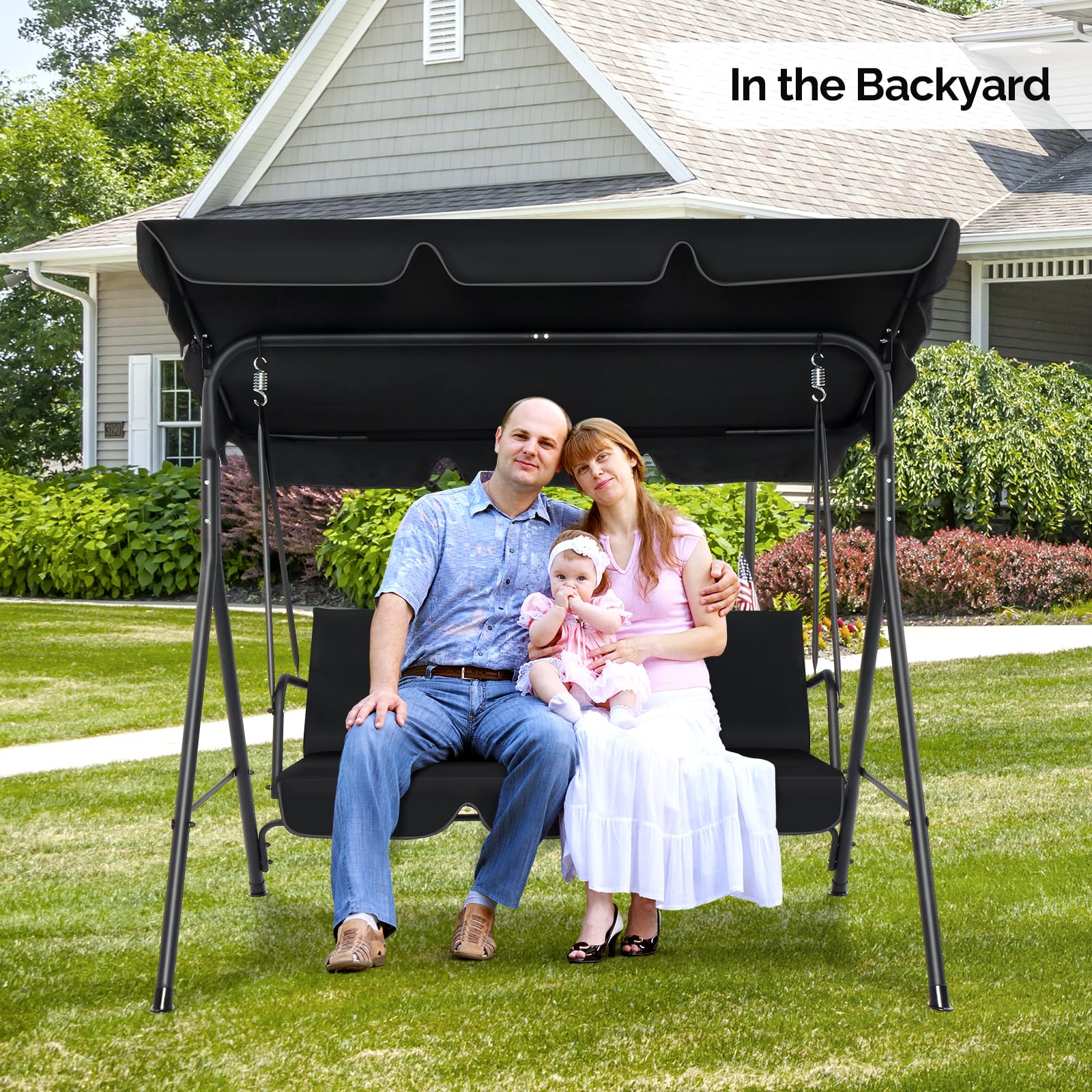 VINGLI 2 Person Outdoor Patio Swing Set, Adjustable Canopy Swing with Cushion, Heavy Duty 550 LBS Porch Swing with Steel Frame Suit for Yard, Garden, Lawn, Black