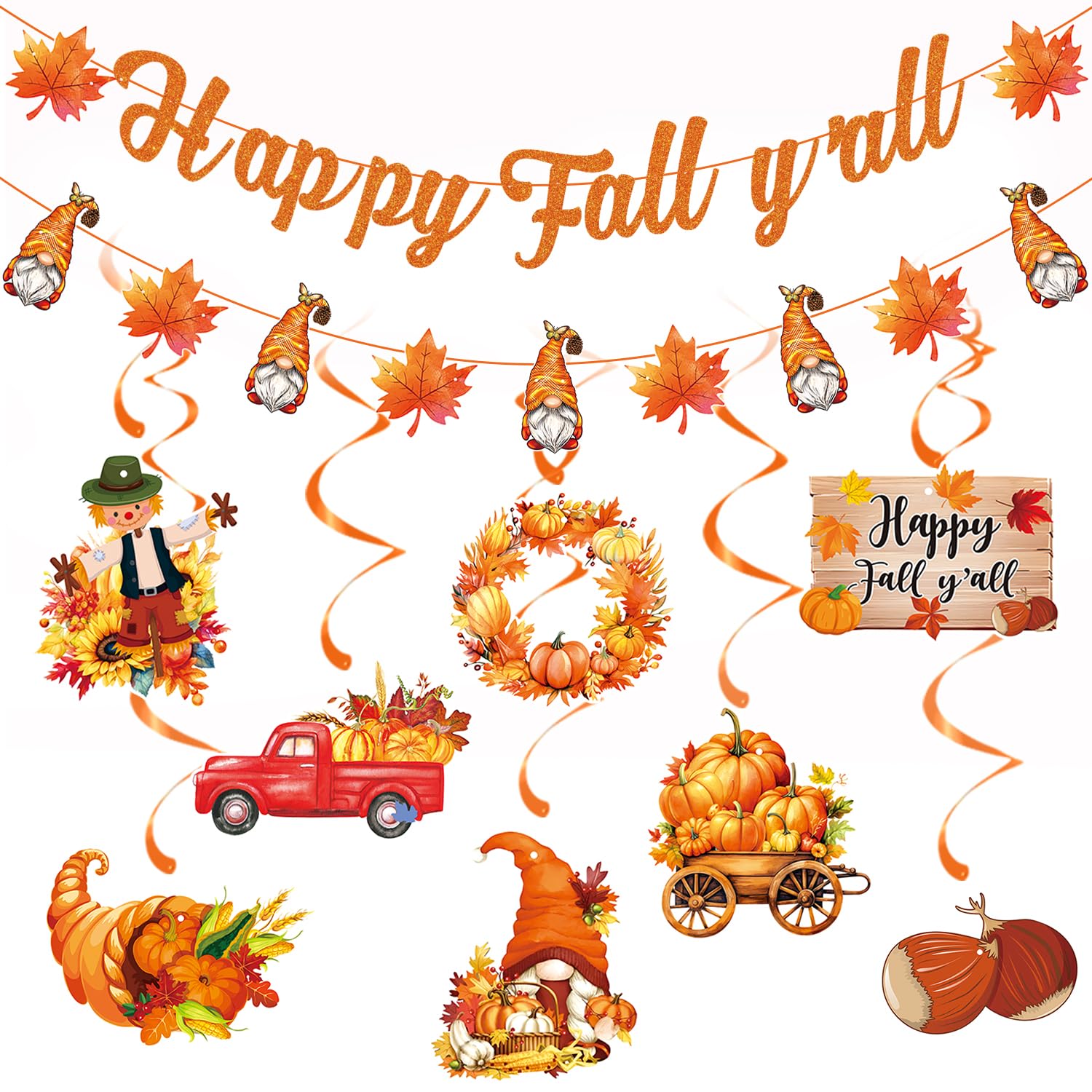 Happy Fall Y'all Decorations, Fall Party Decorations Supplies Glitter Happy Fall Y'all Banner, Pumpkin Maple Leaf Ceiling Hanging Swirls, Maple Garland for Fall Thanksgiving Day