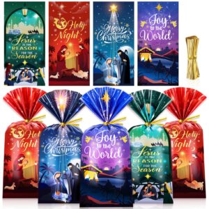 howaf 100pcs holy nativity cellophane gift bag, religious christmas plastic goodie bags for christian xmas holiday party supplies, o holy night treat bags nativity scene candy bags with ties