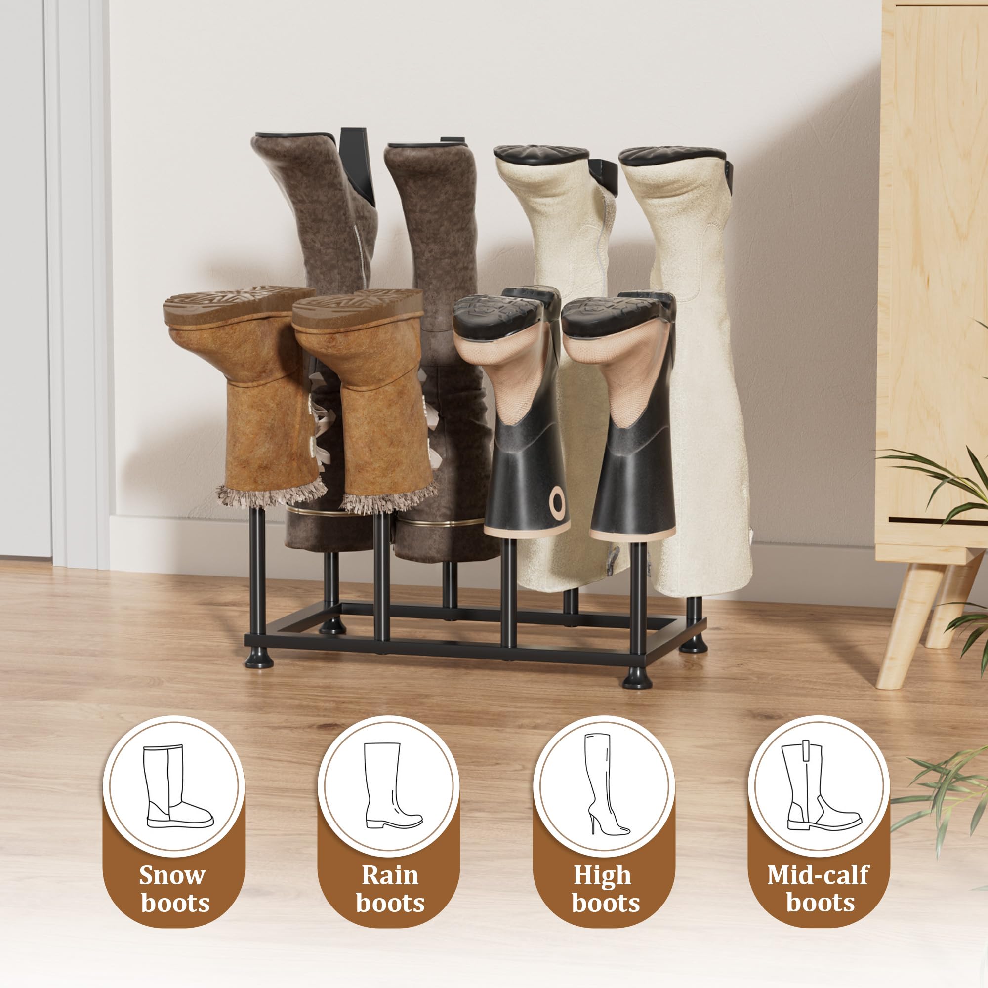 Freestanding Boot Rack Organizer Tall Boots - Vertical Shoe Storage Organizer for 4 Pairs, Prevents Creases & Sagging, Space-Saving Design for Entryways, Closets, Bedroom, Patio Outdoor, Hallway