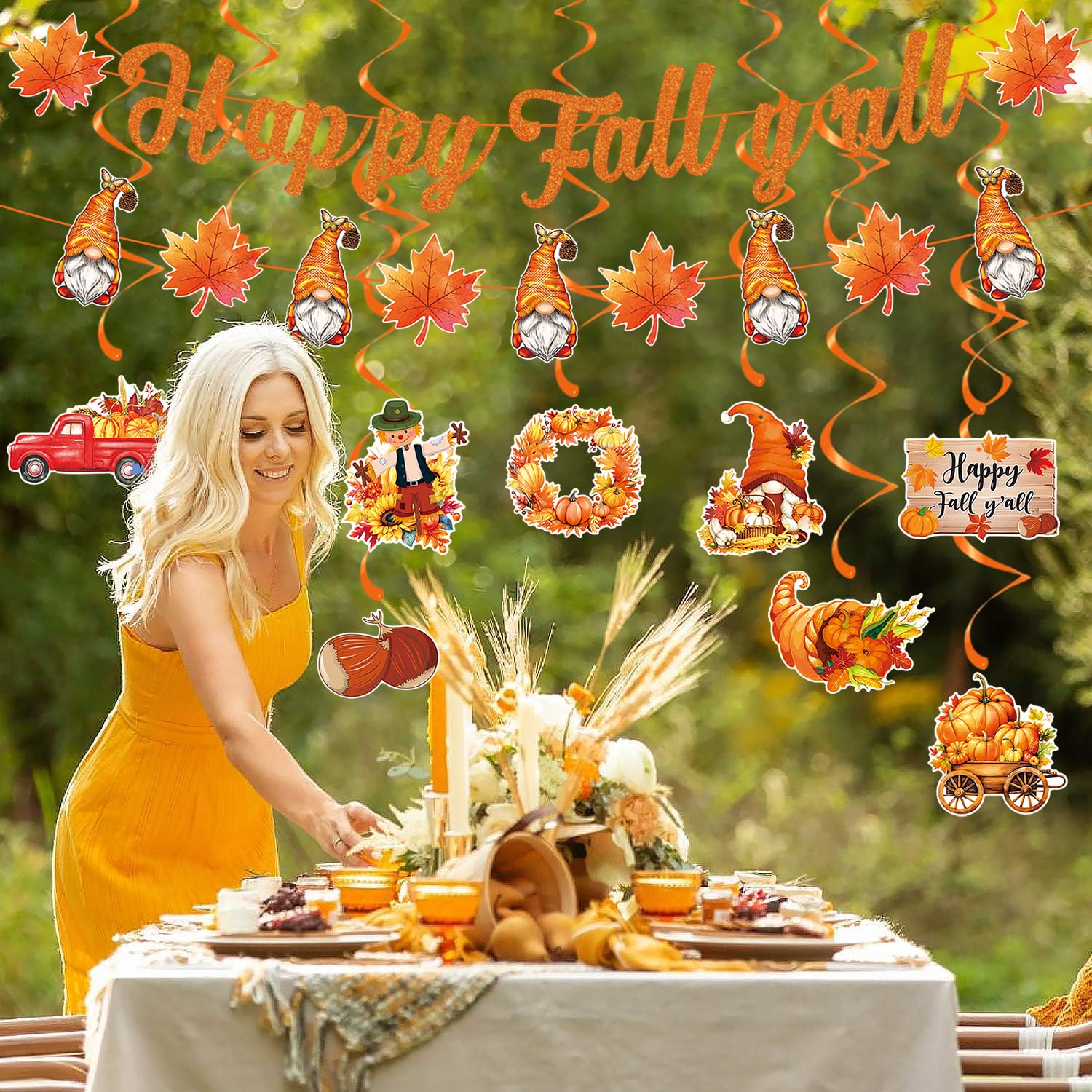 Happy Fall Y'all Decorations, Fall Party Decorations Supplies Glitter Happy Fall Y'all Banner, Pumpkin Maple Leaf Ceiling Hanging Swirls, Maple Garland for Fall Thanksgiving Day