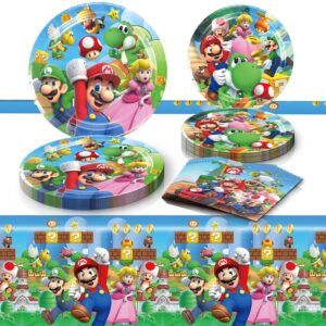 mario birthday party supplies, 20 plates, 20 napkins and 1 tablecover for mario party supplies, mario theme party decorations