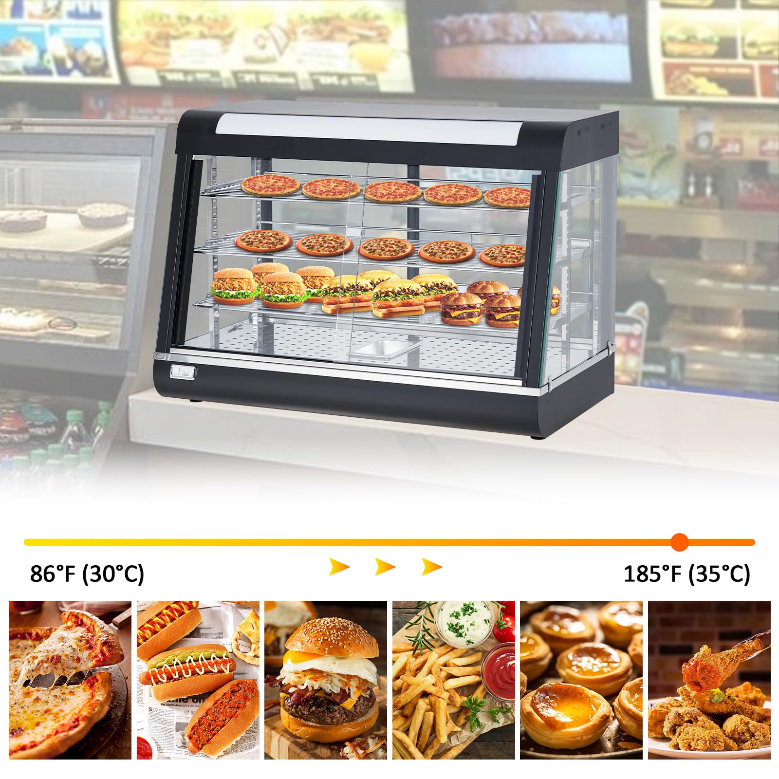 Commercial Food Warmer Display, 35" 3-Layer Pizza Warmer Cabinet with 3D Heating, Countertop Pastry Warmer, Temperature and Light Contral， Stainless Steel Framed Glass Door