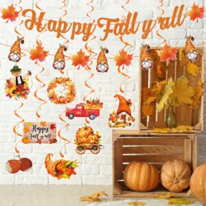 Happy Fall Y'all Decorations, Fall Party Decorations Supplies Glitter Happy Fall Y'all Banner, Pumpkin Maple Leaf Ceiling Hanging Swirls, Maple Garland for Fall Thanksgiving Day