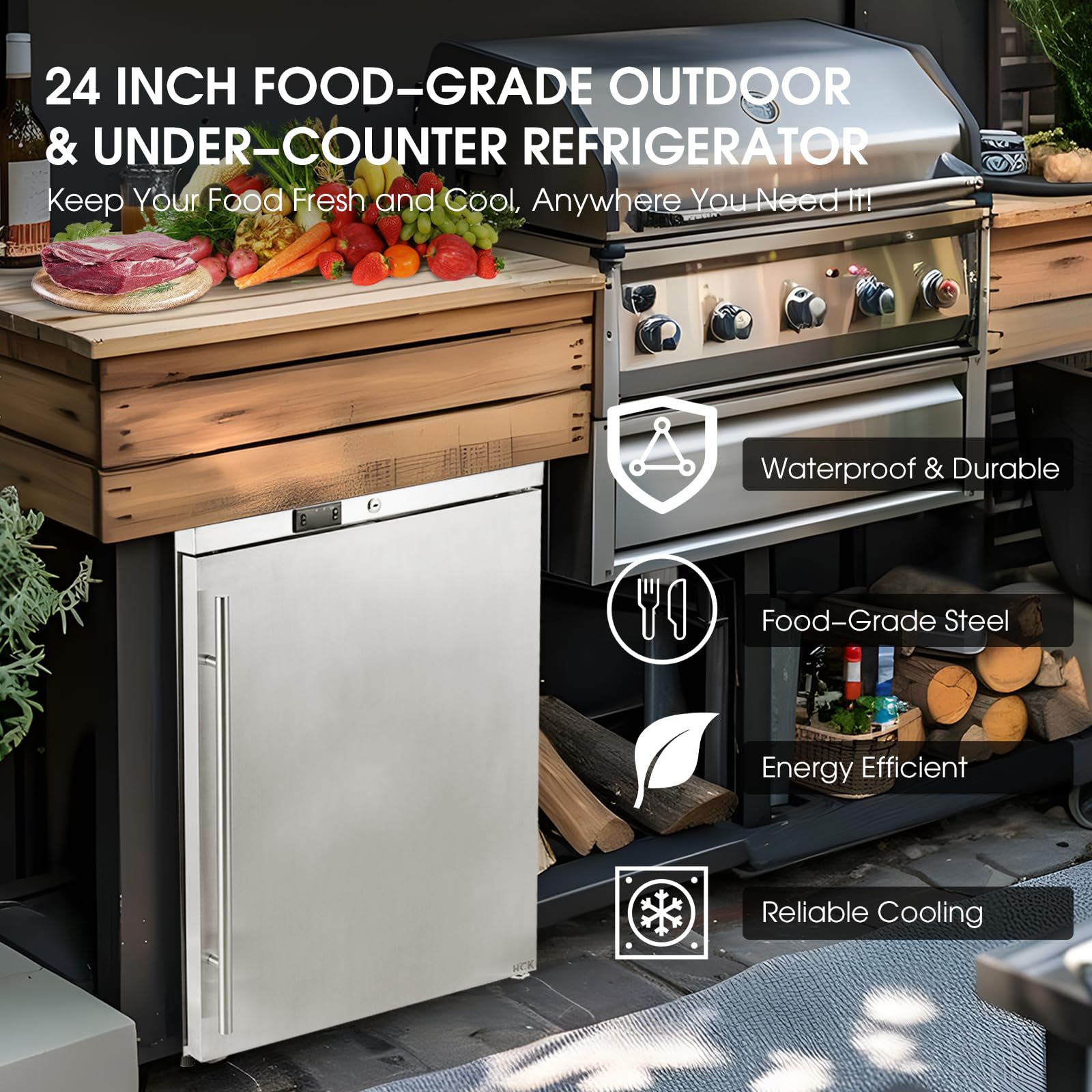 HCK Under Counter Refrigerator, Outdoor Fridge 24 Inch with Stainless Steel Door, Commercial Kitchen Food Refrigerator 5.4 Cu.Ft Capacity for Home Kitchen, Patio, Outdoor, and Food Service Use