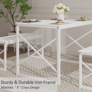 VECELO Kitchen Table with 2 Benches for 4, 43.3'' Wood Dining Room Dinette Sets with Metal Frame for Breakfast Nook and Small Space, White