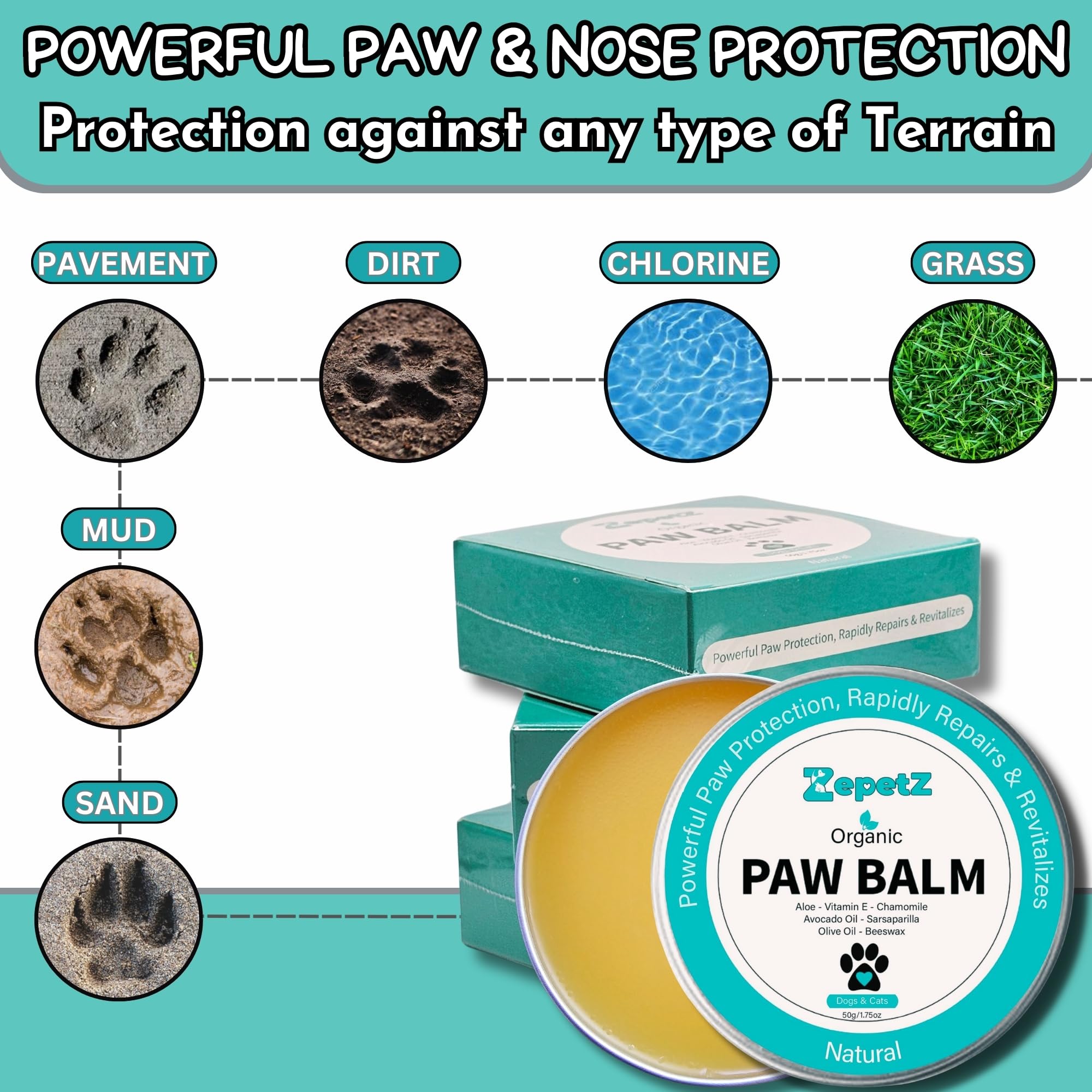 ZepetZ Paw & Nose Balm for Dogs and Cats - Lick-Safe, 100% Organic & Natural. Heals, Repairs, and Restores Dry, Cracked, and Damaged Paws & Noses. Moisturizes, Protects, Soothes & Revitalizes 1.75 oz.