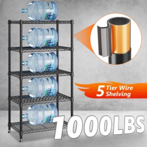 REIBII 1000LBS Wire Shelving Unit, 5 Tier Adjustable Metal Storage Shelves for Kitchen Pantry Office Steel Organizer Wire Rack for Narrow Space College Dorm School, 13.4" D x 23.2" W x 60" H, Black