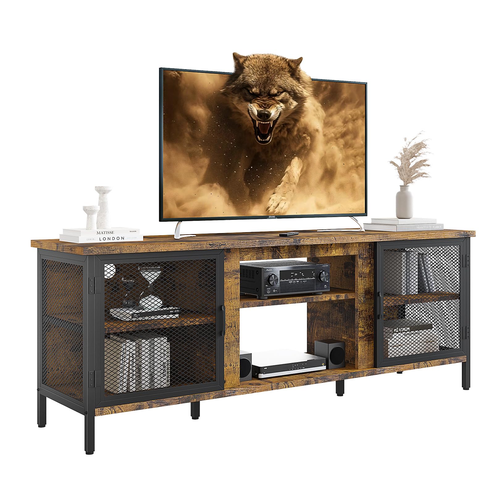 oneinmil Industrial Entertainment Center for TVs up to 65 Inch, Rustic TV Stand with Ample Storage Space, Large TV Cabinet and TV Console for Living Room, Set of Table, Brown