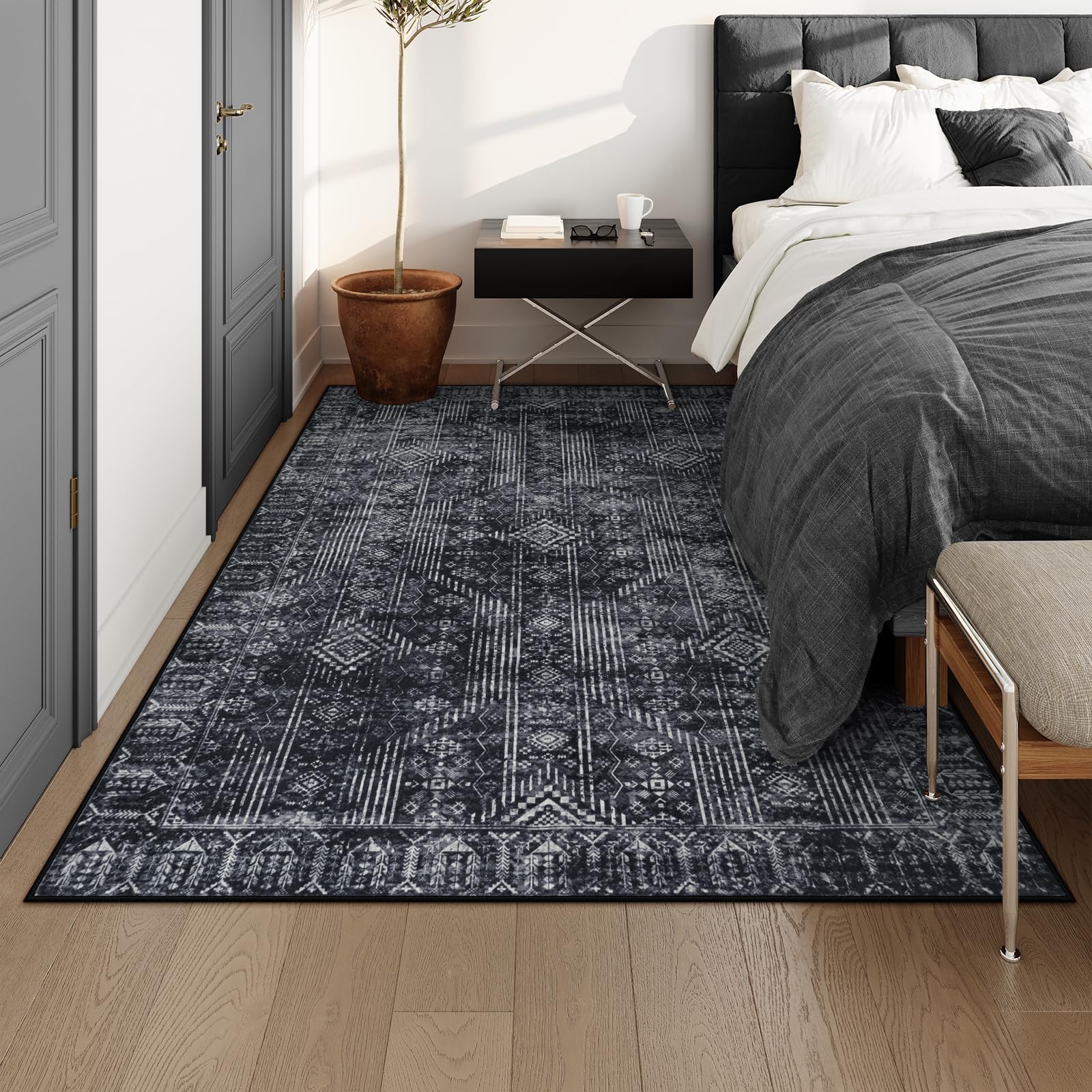 Lahome Black Abstract Rugs for Living Room 5x7, Machine Washable Morden Black Carpet Rug for Bedroom, Neutral Solid Soft Home Office Rugs for Dining Room Apartment