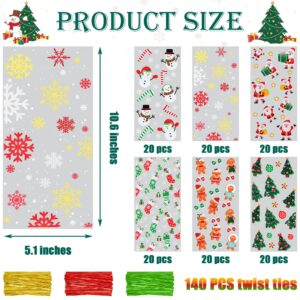 Twavang 120 Pcs Christmas Cellophane Treat Bags, Xmas Gift Bags Candy Goodies Bags with 140 Pcs Twists for Snacks Cookies Packing (10.6 x 5.1 inches)