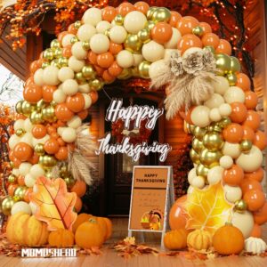 momoshero 142pcs fall thanksgiving balloons arch kit,burnt orange ivory gold balloons garland for friendsgiving pumpkin maple birthday baby shower party decorations