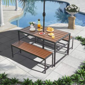 Outdoor Picnic Table and Bench Set with 2" Umbrella Hole and Storage Shelf, Patio Dining Set for 6 People, Outdoor Dining Table and Chair for Garden Yard Porch- Brown