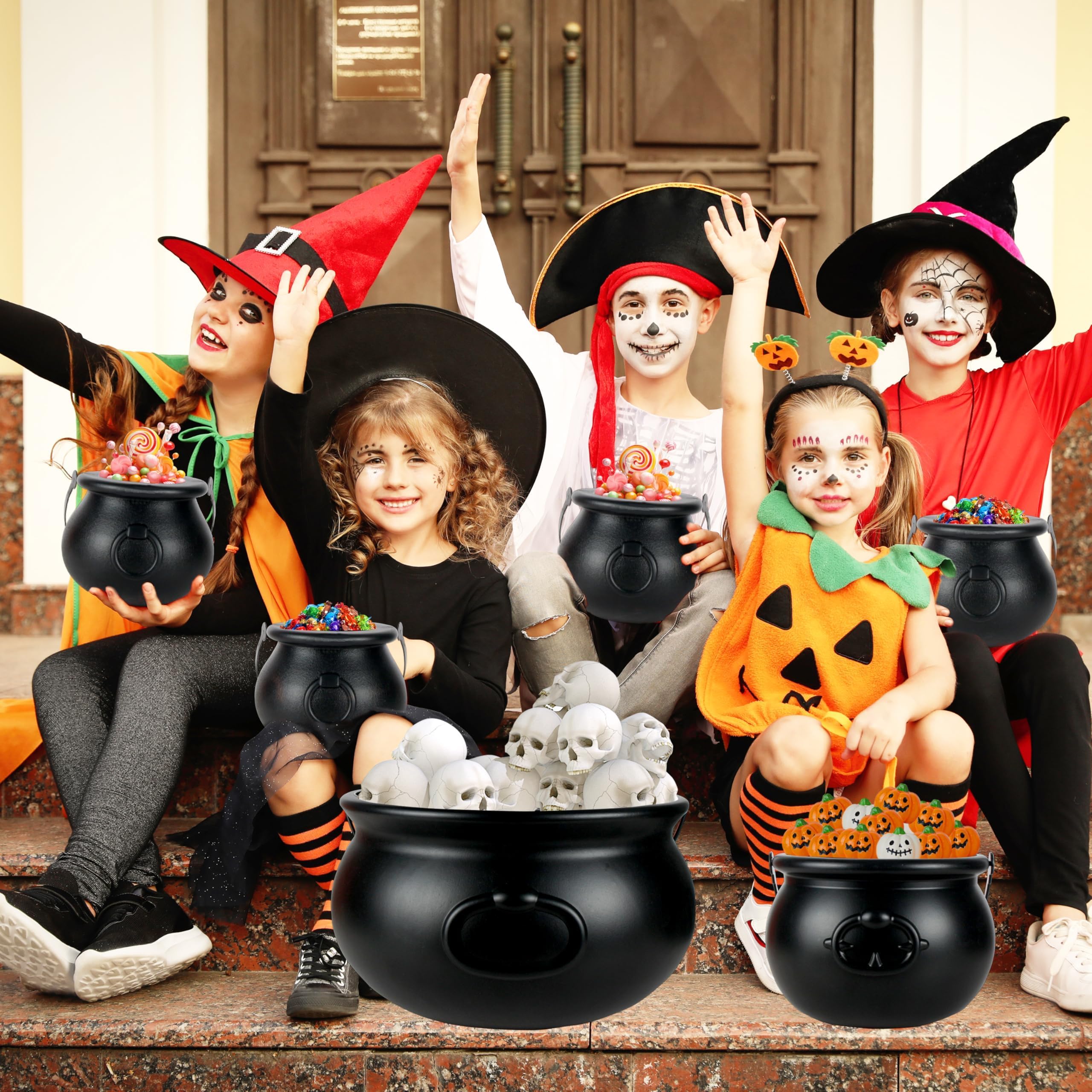 Halloween Large Cauldron Kettles, 4 in 1 [12.6"+7.7" +5.7"+ 5.7 "] Witch Cauldrons, Plastic Black Witch Pot, Treats & Punch Bowl , Candy Holder, Halloween Party Favor for Indoor Outdoor Decoration