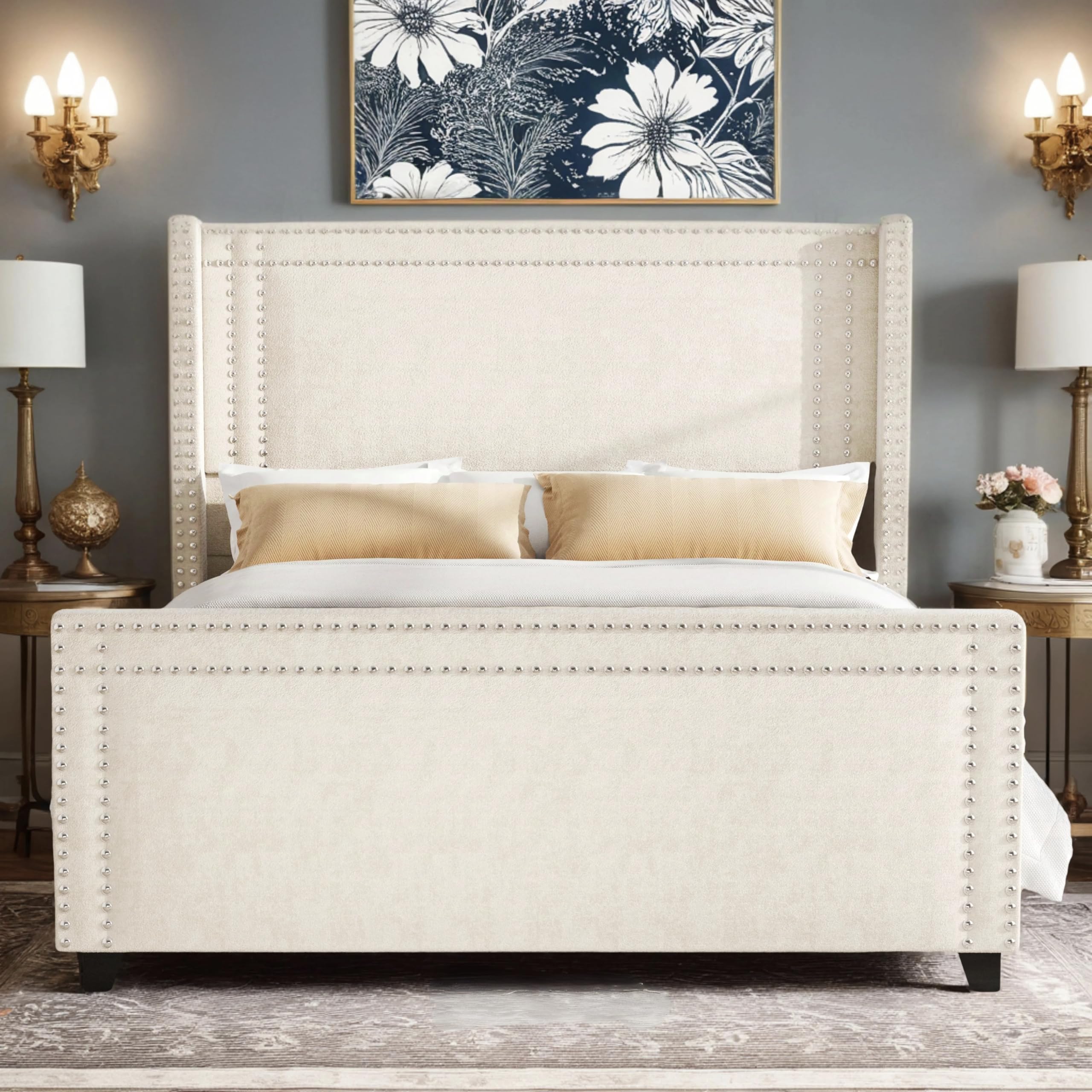 Jocisland Queen Size Bed Frame, Chenille Upholstered Platform Bed with Wingback Headboard & Footboard, Nailhead Trim, No Box Spring Needed, Cream