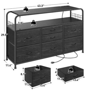 EnHomee Black Dresser for Bedroom with LED Lights & Charging Station, 7 Drawer Dresser with Open Shelf, Fabric Bedroom Dressers & Chest of Drawers for Closet, Entryway, Hallway, 4 Hooks