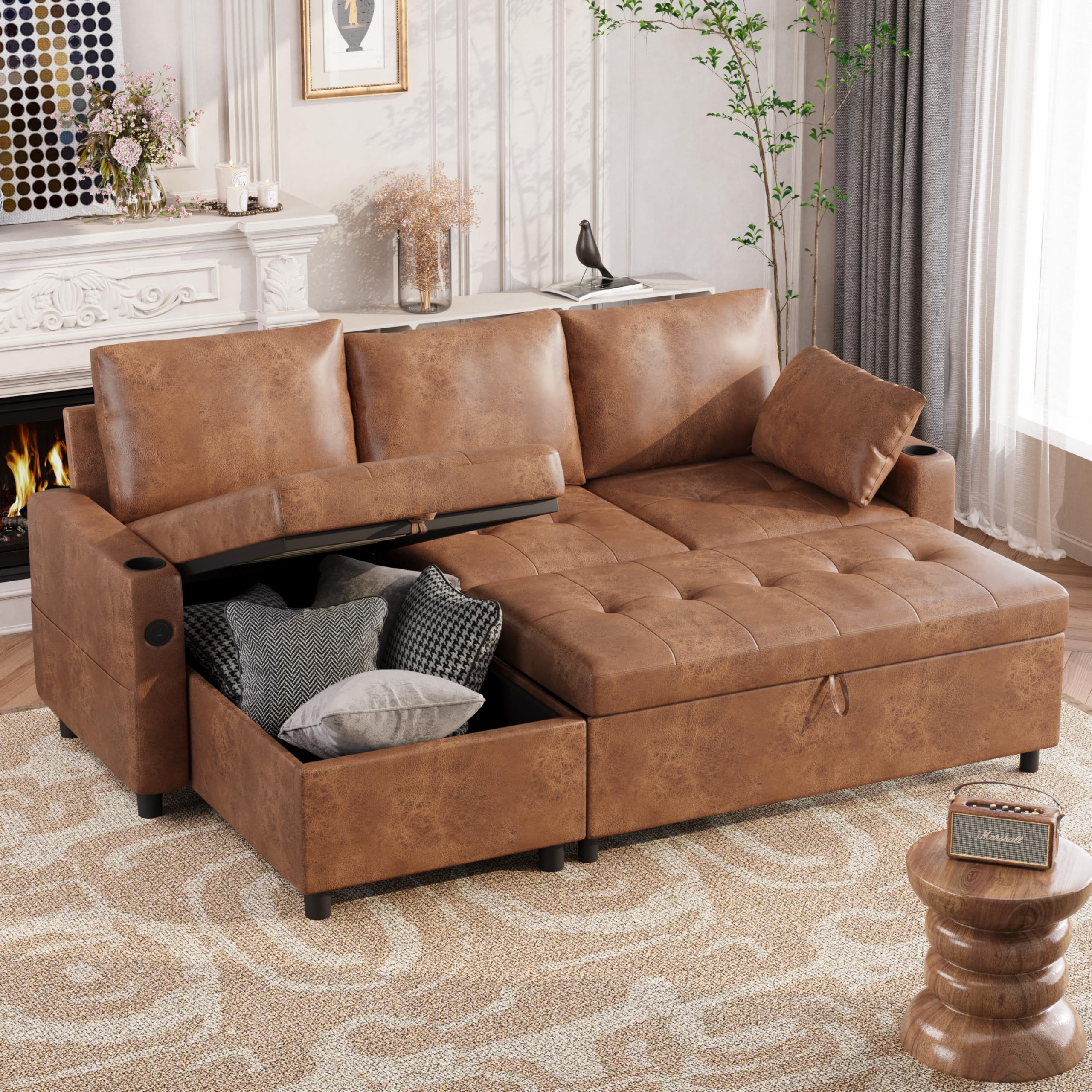 Esright Sleeper Sofa Couch with Pullout Bed, Faux Leather Sofa Bed Pull Out Couch Bed Sofa Pull Out Couch with Storage, Sectional Sleeper Sofa Couch with Pull Out Bed for Living Room Clearance, Brown