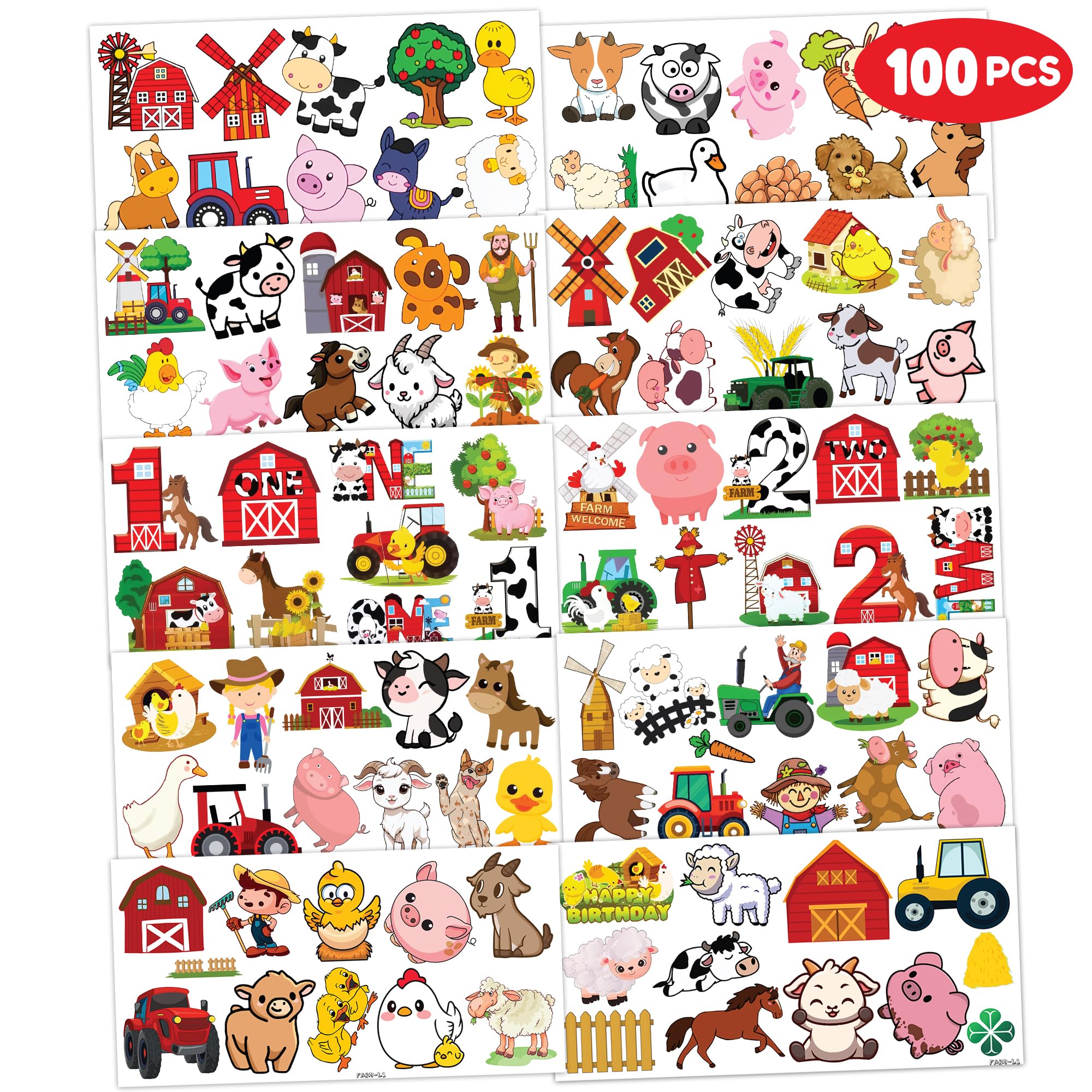 100 PCS Farm Barnyard Animal Temporary Tattoos Sticker One 1st First Two 2nd Farm Birthday Decorations Party Supplies Favors Gift Boys Girls Farmhouse Tractor Cow Pig Horse Tattoo School Reward Themed