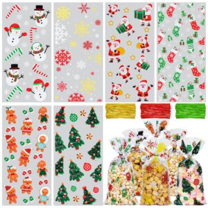 twavang 120 pcs christmas cellophane treat bags, xmas gift bags candy goodies bags with 140 pcs twists for snacks cookies packing (10.6 x 5.1 inches)