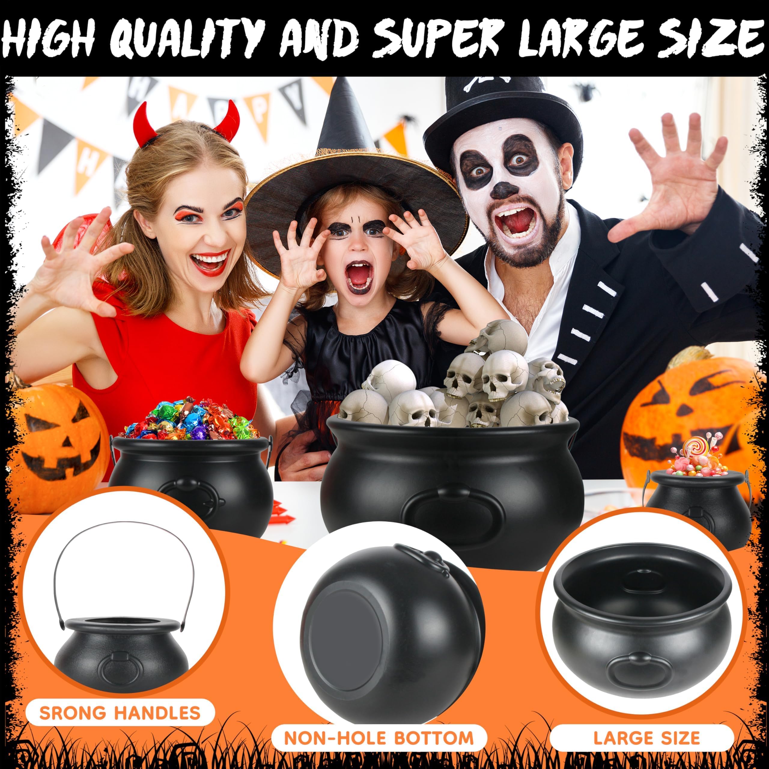 Halloween Large Cauldron Kettles, 4 in 1 [12.6"+7.7" +5.7"+ 5.7 "] Witch Cauldrons, Plastic Black Witch Pot, Treats & Punch Bowl , Candy Holder, Halloween Party Favor for Indoor Outdoor Decoration