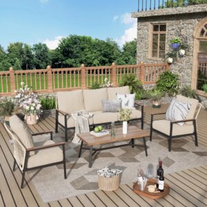 mixpatio 4 piece patio furniture set, all weather wicker outdoor sofa with 5.5" cushions, 2 fixed chairs, 3-seat sofa with wood grain coffee table, patio conversation set for porch, backyard, beige