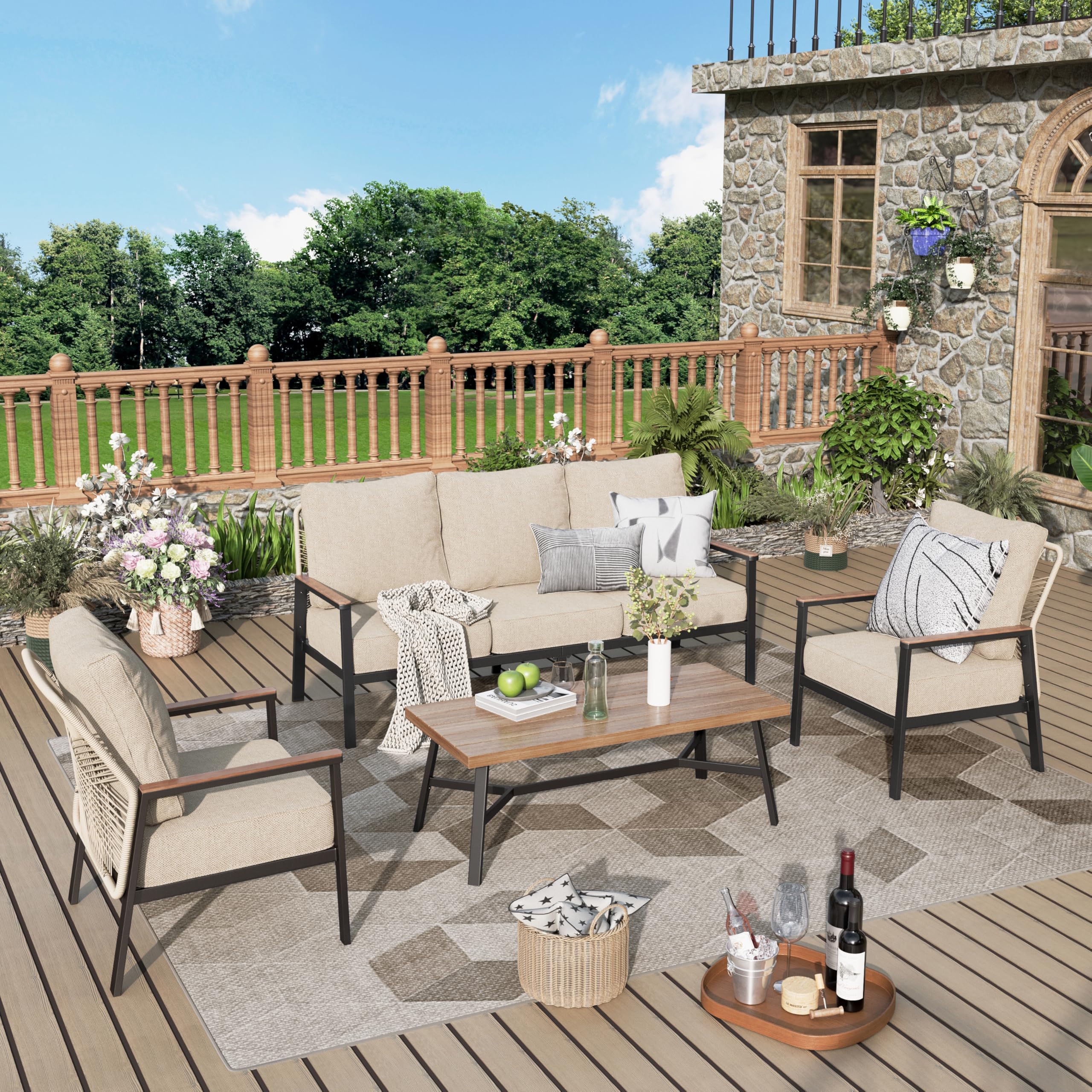 MIXPATIO 4 Piece Patio Furniture Set, All Weather Wicker Outdoor Sofa with 5.5" Cushions, 2 Fixed Chairs, 3-Seat Sofa with Wood Grain Coffee Table, Patio Conversation Set for Porch, Backyard, Beige