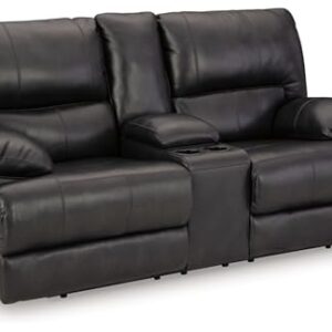 Signature Design by Ashley Mountainous Modern Leather Match Wall Hugger Power Reclining Loveseat with Adjustable Headrest, USB Ports, Storage and Cup Holders, Black