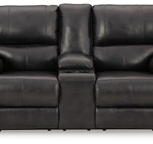 Signature Design by Ashley Mountainous Modern Leather Match Wall Hugger Power Reclining Loveseat with Adjustable Headrest, USB Ports, Storage and Cup Holders, Black