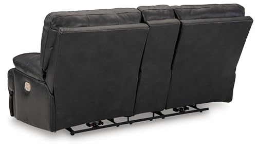 Signature Design by Ashley Mountainous Modern Leather Match Wall Hugger Power Reclining Loveseat with Adjustable Headrest, USB Ports, Storage and Cup Holders, Black