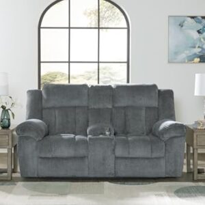 Signature Design by Ashley Tip-Off Modern Wall Hugger Power Reclining Loveseat with Adjustable Headrest, USB Ports, Storage and Cup Holders, Gray