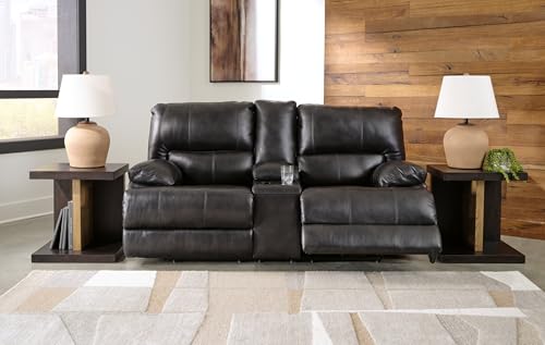 Signature Design by Ashley Mountainous Modern Leather Match Wall Hugger Power Reclining Loveseat with Adjustable Headrest, USB Ports, Storage and Cup Holders, Black