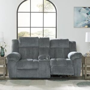 Signature Design by Ashley Tip-Off Modern Wall Hugger Power Reclining Loveseat with Adjustable Headrest, USB Ports, Storage and Cup Holders, Gray