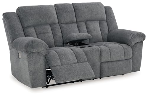 Signature Design by Ashley Tip-Off Modern Wall Hugger Power Reclining Loveseat with Adjustable Headrest, USB Ports, Storage and Cup Holders, Gray