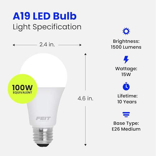 Feit Electric A19 LED Light Bulb, 100W Equivalent, E26 Medium Base, 1500 Lumens, 5000K Daylight White, General Purpose Light Bulbs, 11,000-Hour Lifetime, A1600/850/10KLED/2/6, 12 Pack