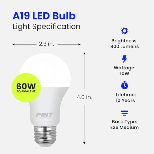 Feit Electric A19 LED Light Bulb, 60W Equivalent, E26 Medium Base, 800 Lumen, 3500K Neutral White light, Indoor/Outdoor General-purpose Light Bulbs, 11,000-Hour Lifetime, A800835/10KLED/MP/24, 24 Pack