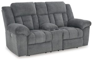 signature design by ashley tip-off modern wall hugger power reclining loveseat with adjustable headrest, usb ports, storage and cup holders, gray